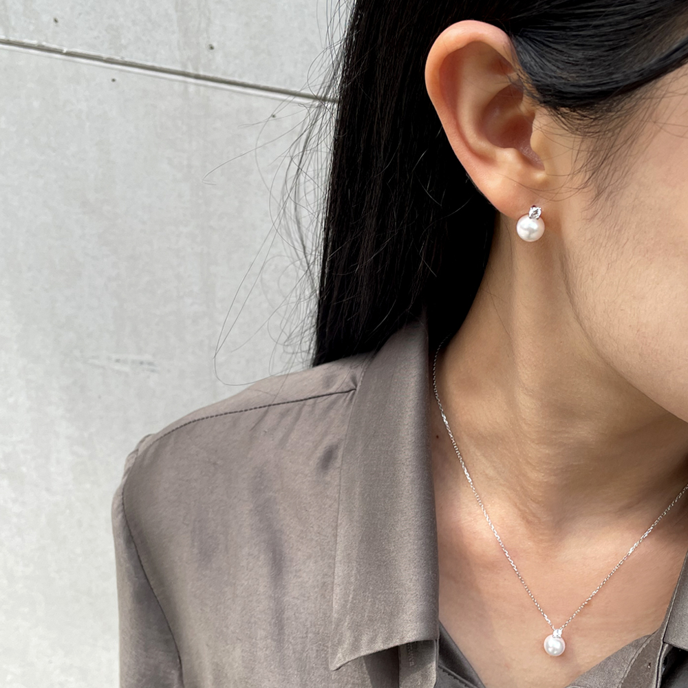 14K 18K 아코야 해수 8mm 진주 1부 랩 다이아 스터드 침 귀걸이 - 상세 이미지 3