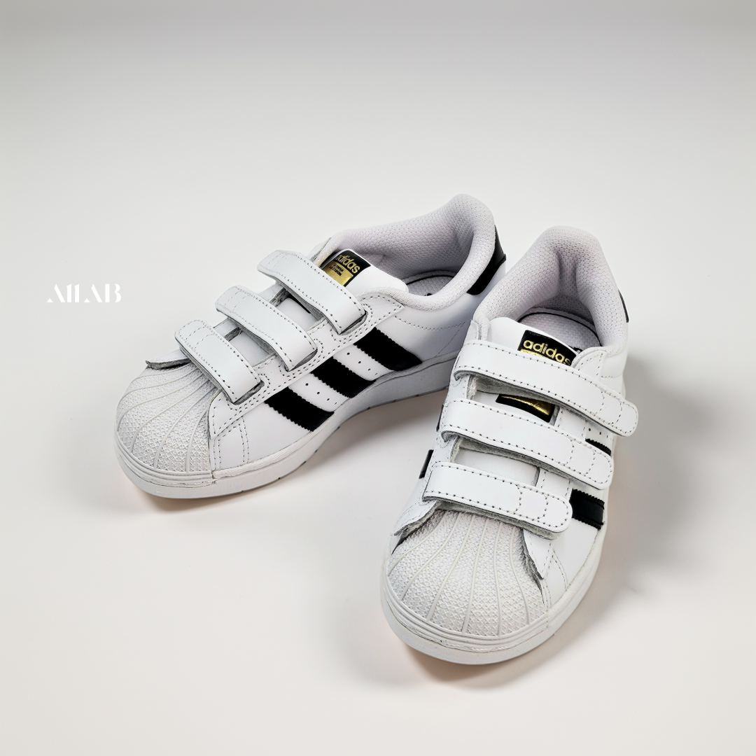 [오늘출발] 아디다스 키즈 슈퍼스타 벨크로 찍찍이 운동화 유치원 초등학생 끈없는 신발 화이트블랙, 190