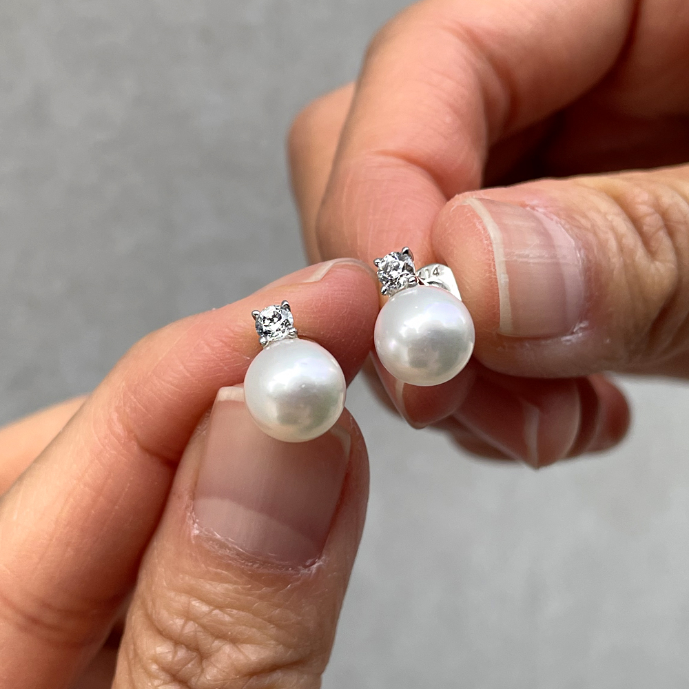 14K 18K 아코야 해수 8mm 진주 1부 랩 다이아 스터드 침 귀걸이 - 상세 이미지 4