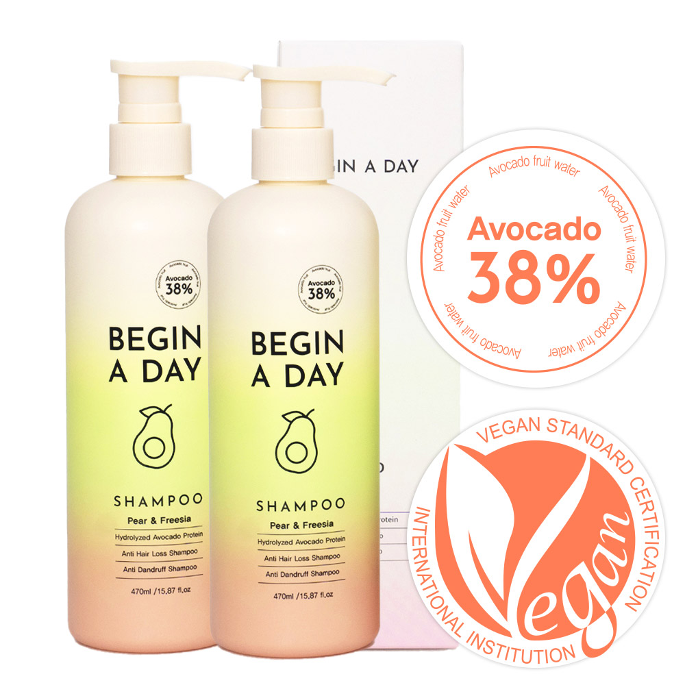 [2개/3개 세트] 비긴어데이 아보카도 단백질 탈모샴푸 약산성 비건 손상모 비듬샴푸 470ml