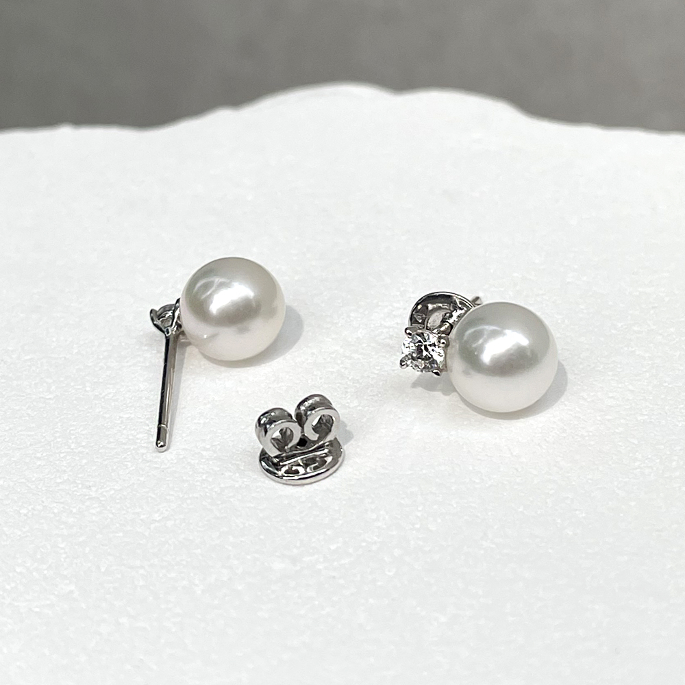 14K 18K 아코야 해수 8mm 진주 1부 랩 다이아 스터드 침 귀걸이 - 상세 이미지 5