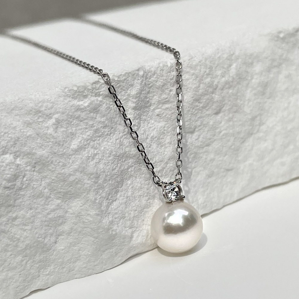 14K 18K 아코야 해수 8mm 진주 1부 랩 다이아 목걸이 - 상품 이미지