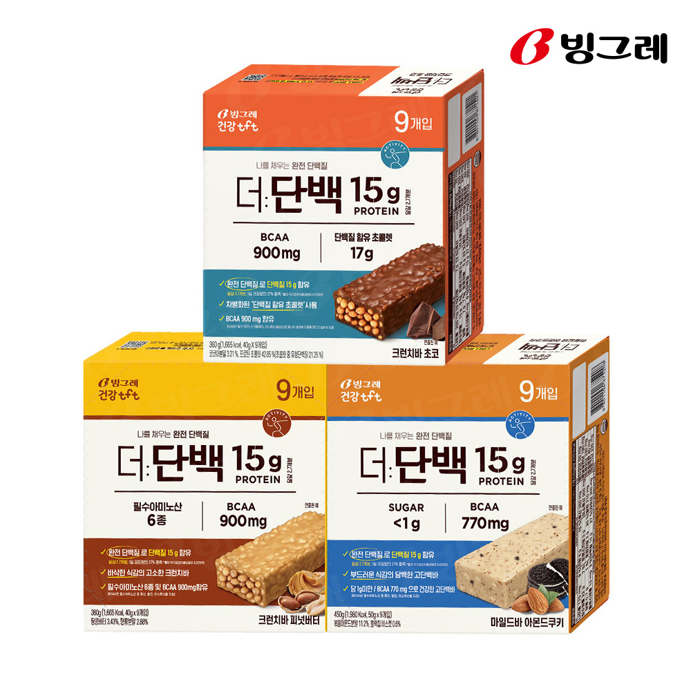 빙그레 더단백 프로틴바 3종 9개입 (초코 피넛버터 아몬드쿠키 택) - 상품 이미지