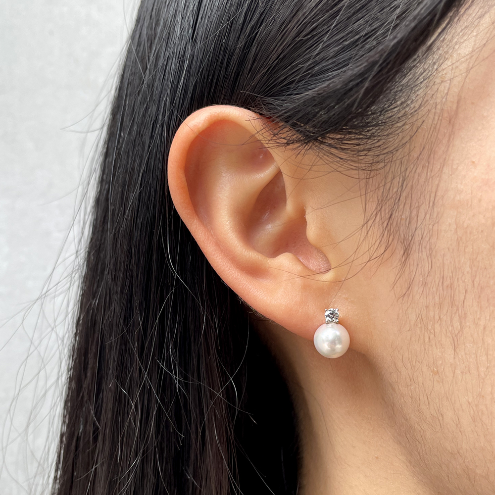 14K 18K 아코야 해수 8mm 진주 1부 랩 다이아 스터드 침 귀걸이 - 상세 이미지 2