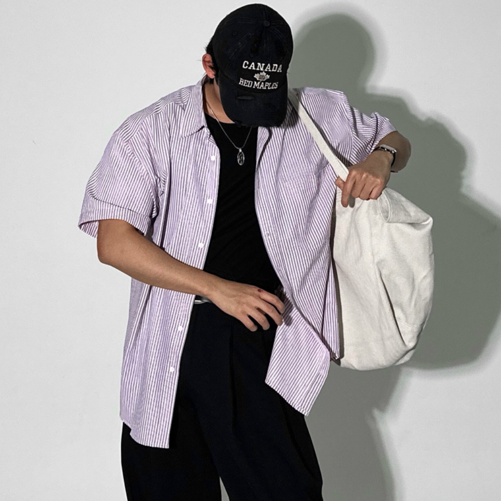남자 튼이 루즈 오버핏 여름 스트라이프 단가라 반팔 셔츠 남방 - 상세 이미지 5