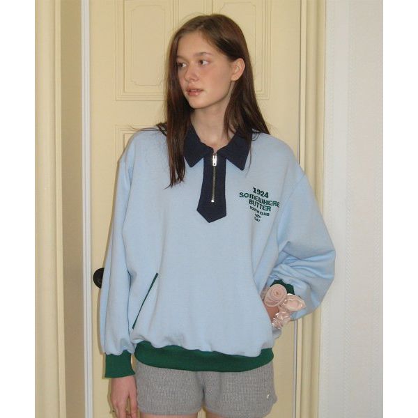 썸웨어버터 Youth club half zipup sweatshirt light blue BT24STS002LBLF : 라임이네샾