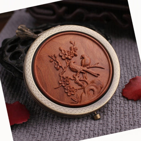 까치 자단 손거울 동양 꽃무늬 새 예술 문양 조각 전통