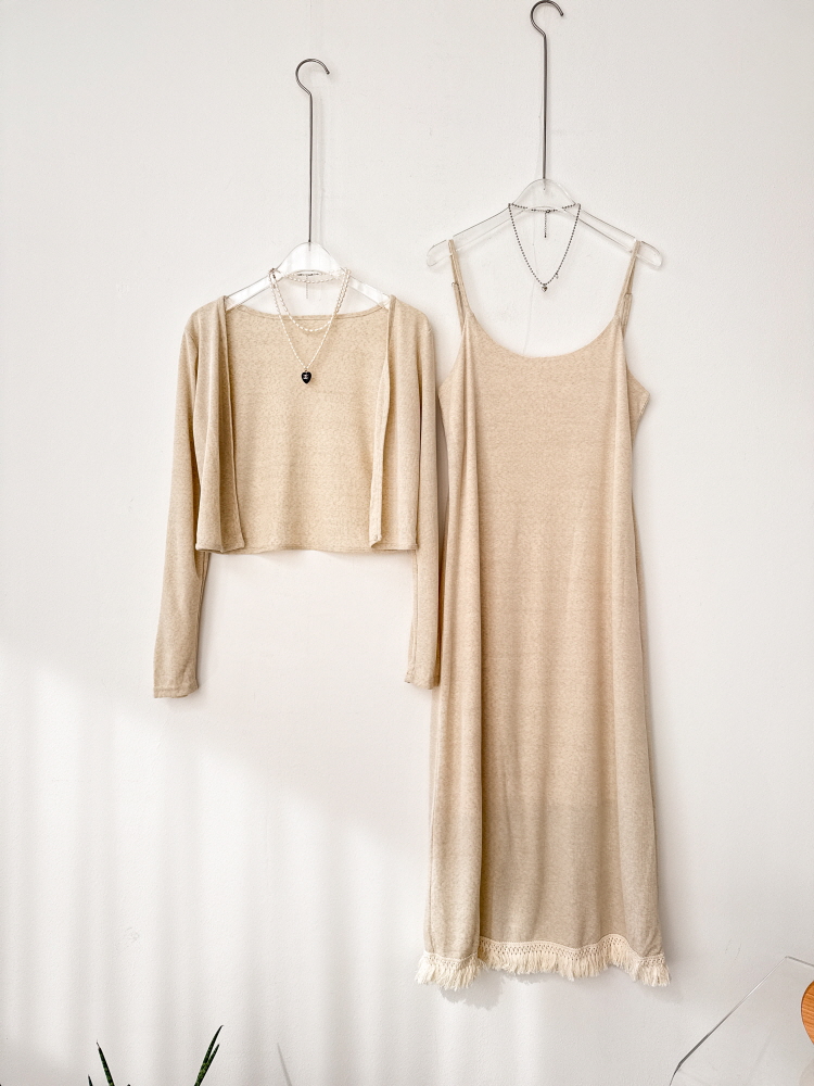 니트 크롭 볼레로 가디건 수술 나시 롱 원피스 세트