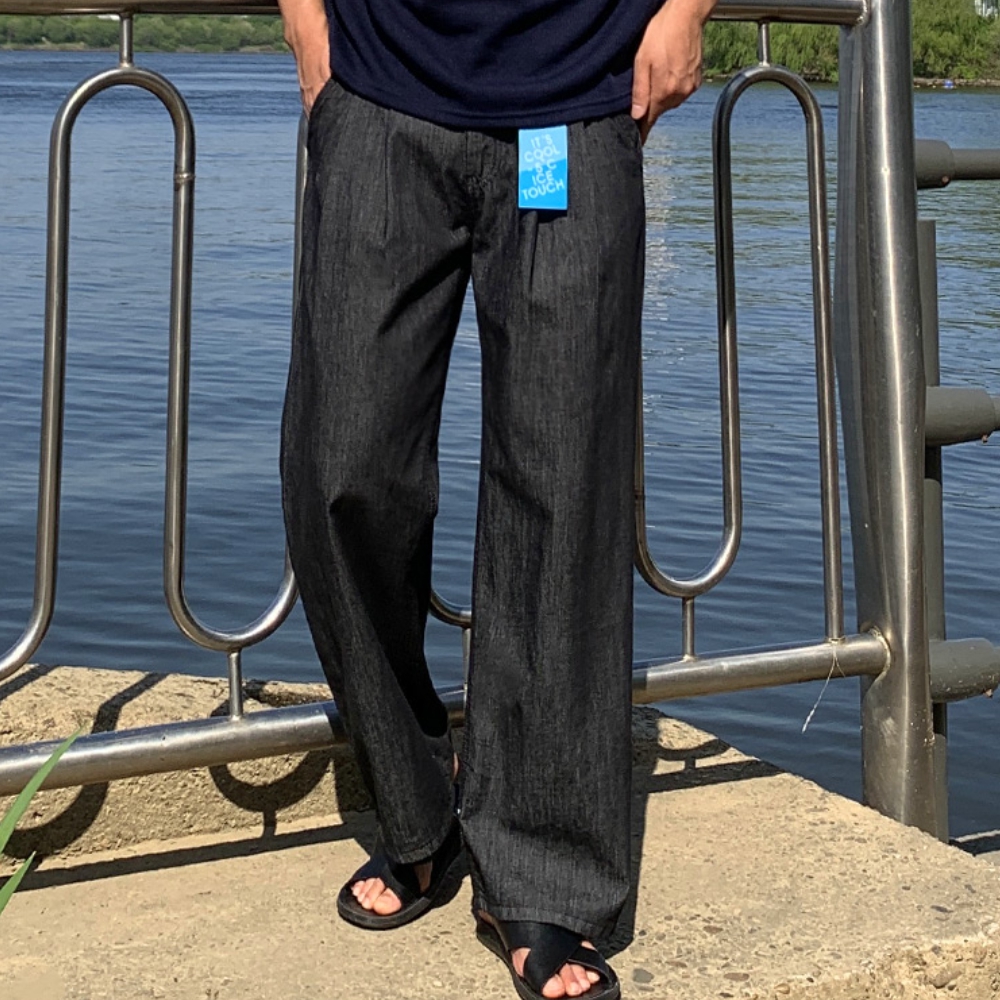 남자 여름 3단기장 아이스 쿨 린넨 논페이드 투핀턱 생지 와이드 데님