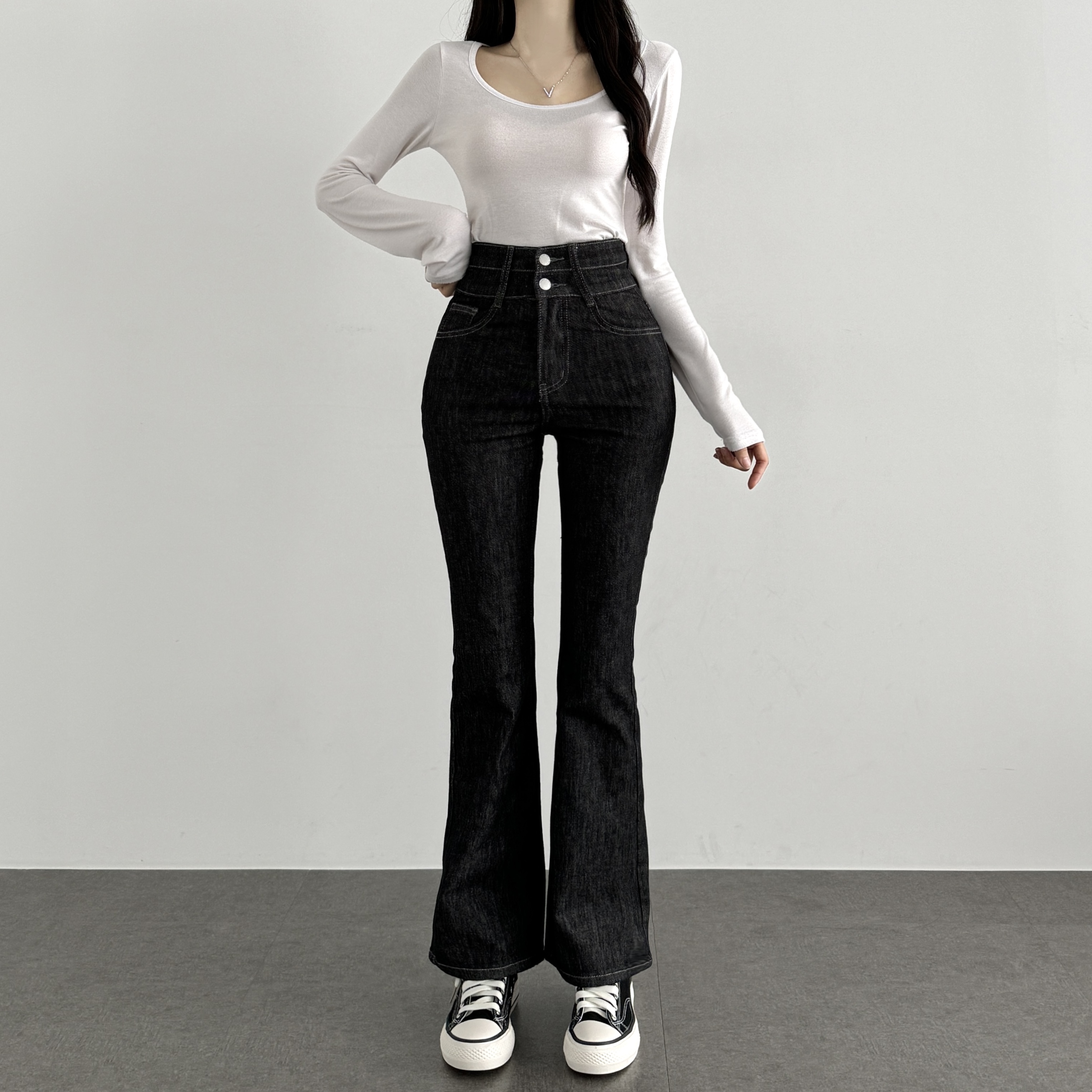 키작녀 부츠컷 청바지 생지데님 여성 골반뽕 세미와이드 청바지 논페이드데님