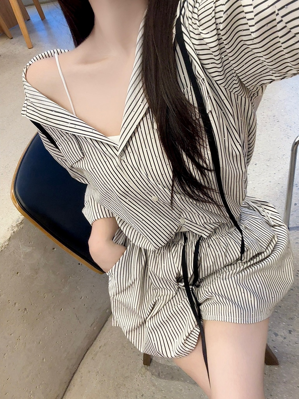 [장마룩추천!] 레인젤 7부 비즈 스트라이프 후드 숏팬츠 세트 상세 이미지 3