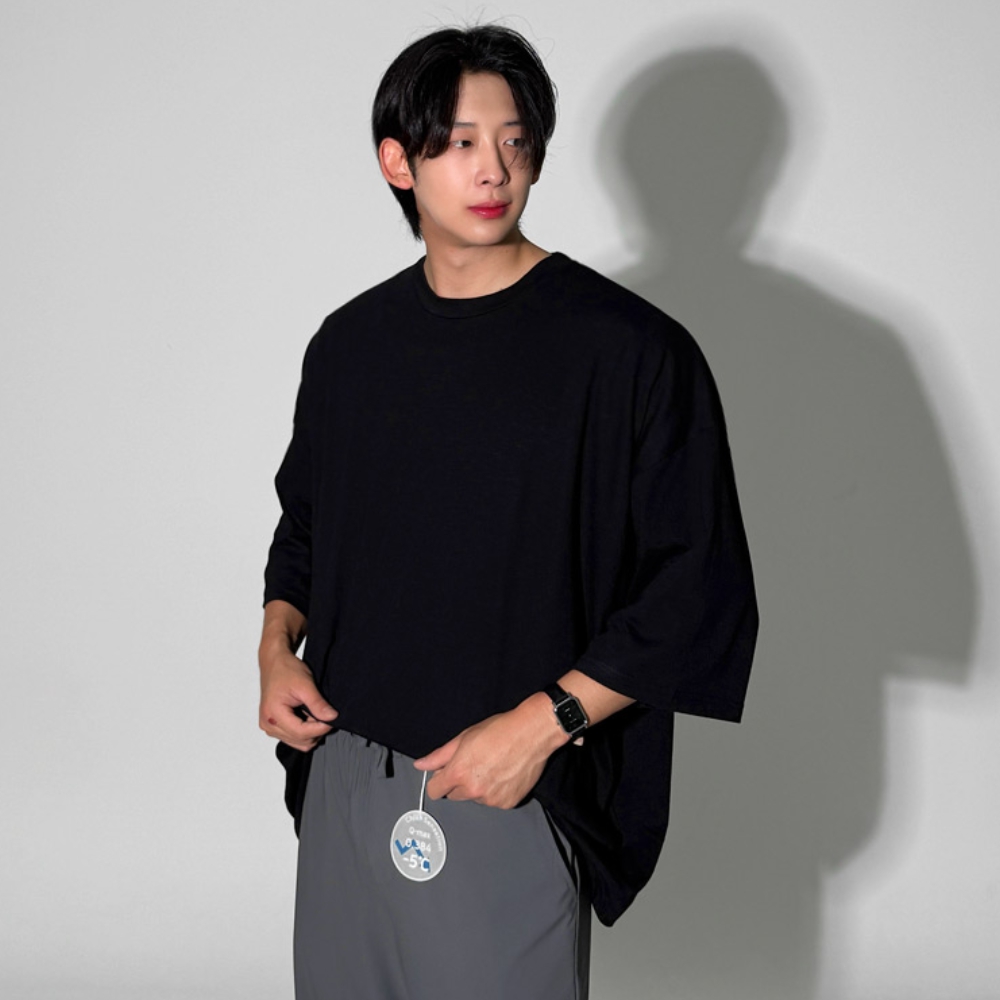 남자 저슈 박스 루즈핏 여름 시원한 7부 슬라브 반팔 티셔츠 - 메인 이미지