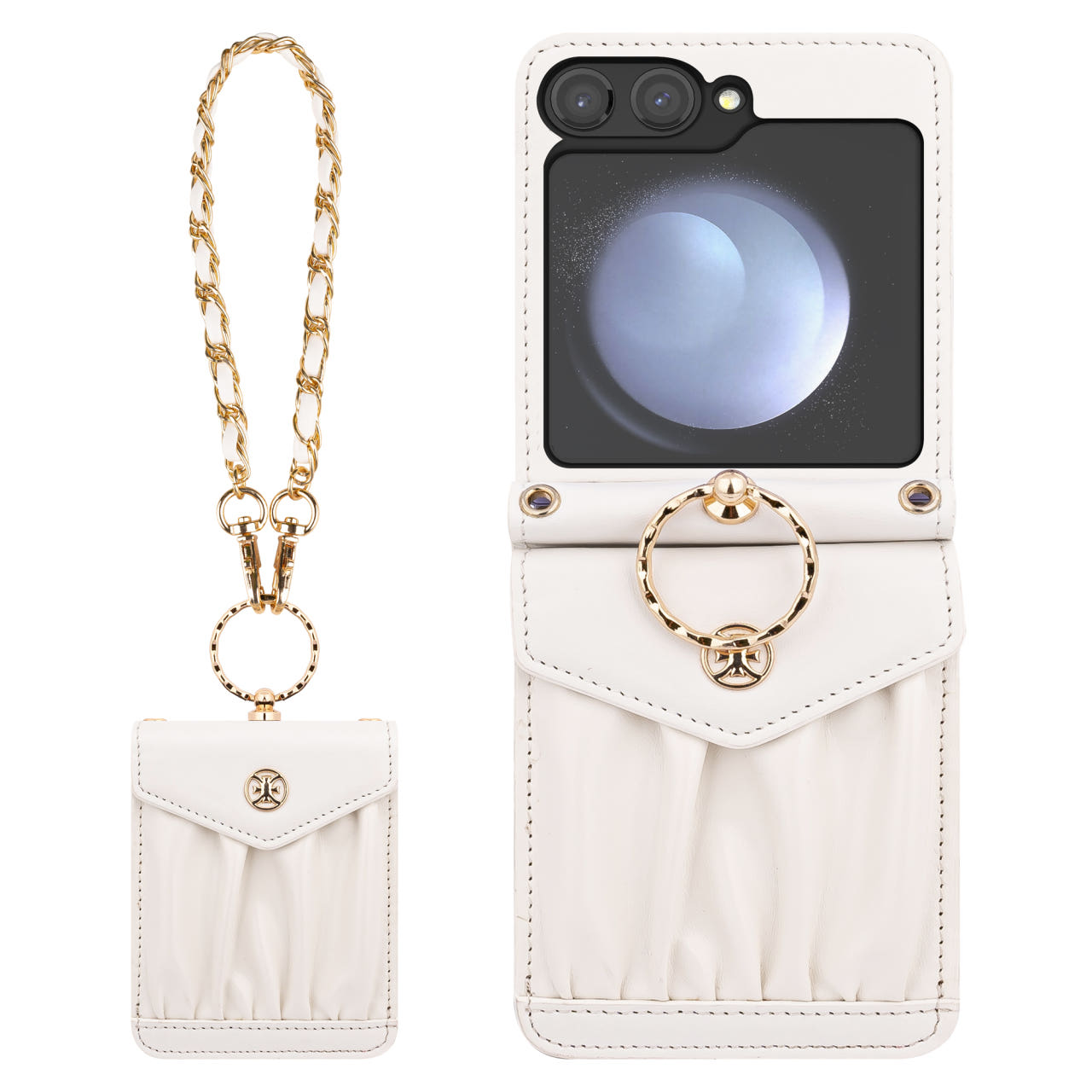 엘레나 스트랩 가죽 다이어리 지갑 핸드폰 케이스 화이트, 갤럭시Z 플립5