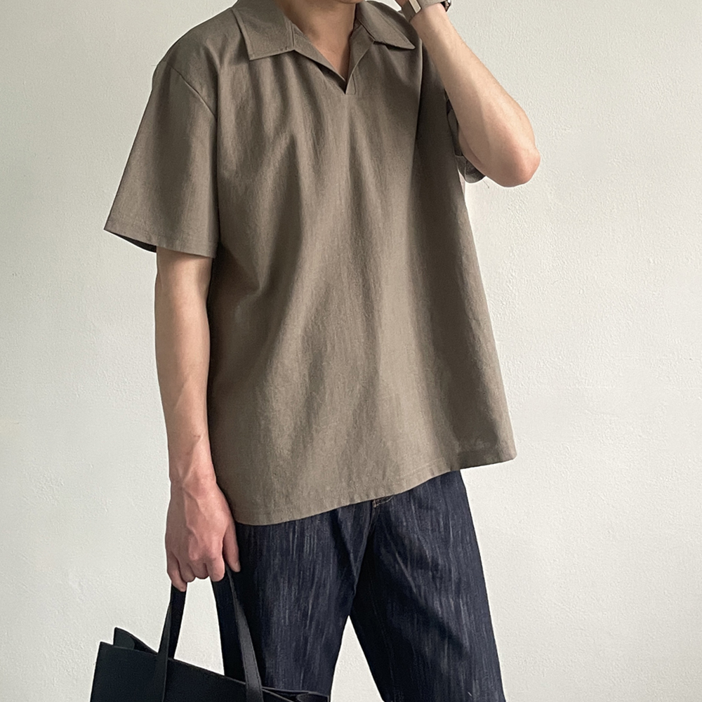 남자 린넨셔츠 오버핏 여름 반오픈 남방 남자 반팔 셔츠 - 상세 이미지 4