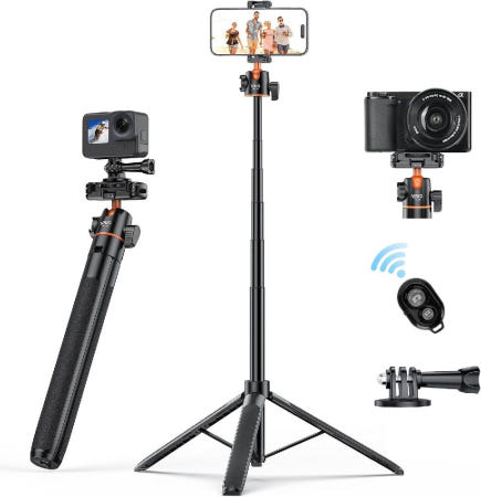 [해외]VRIG 삼각대 스마트폰 145cm 카메라 접는홀더 콜드슈 블루투스 리모컨 iphone 셀카 스틱 헤드 6 단 묶음배송가능