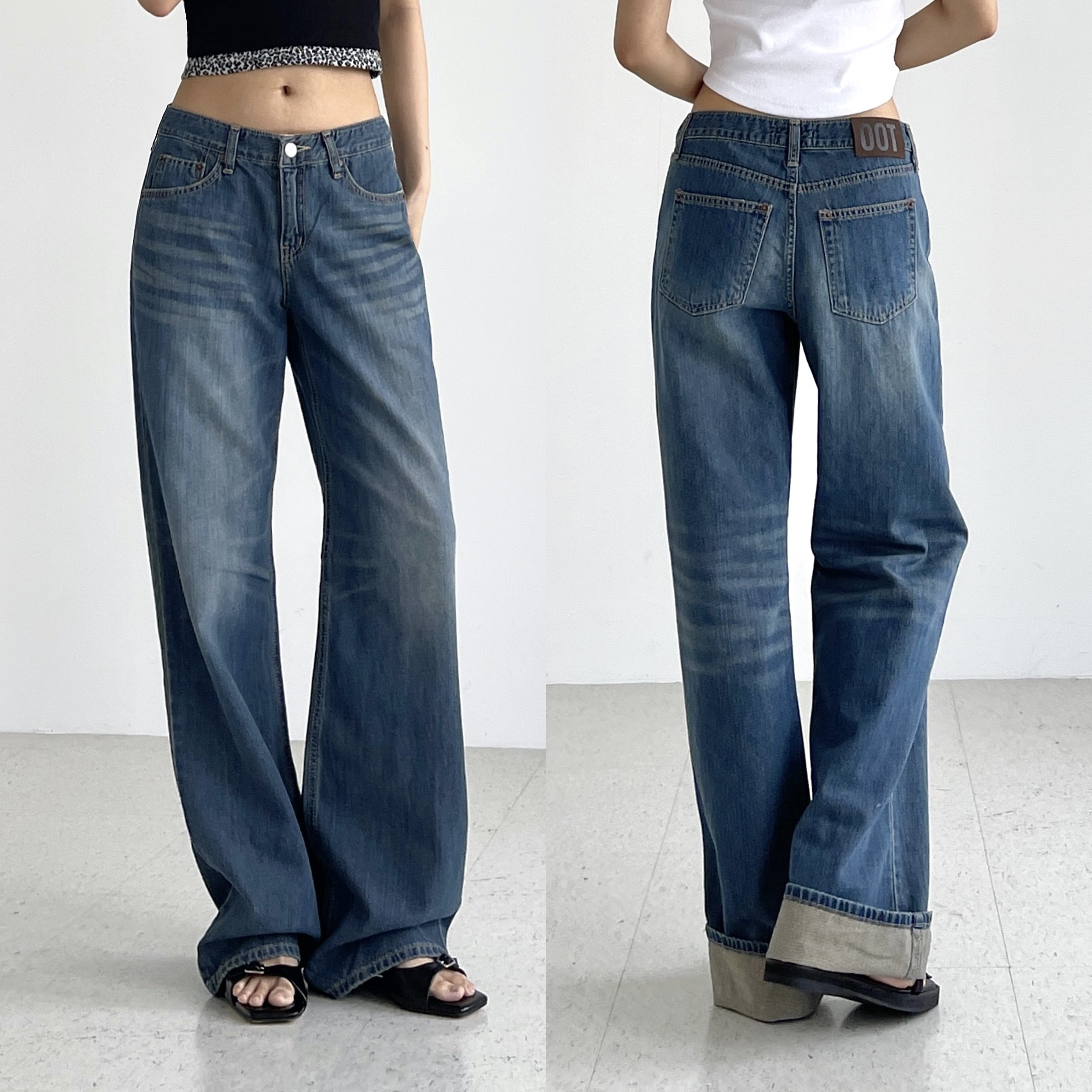 oot 여성 일자청바지 로우라이즈 슬림 스트레이트 얇은 여름 데님팬츠 워싱중청 캣스컬프진