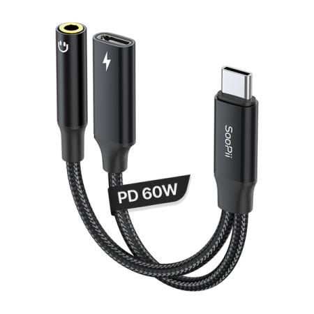 Soopii 60W PD 고속충전겸용 AUX to USB C타입 이어폰 듀얼젠더 GD20