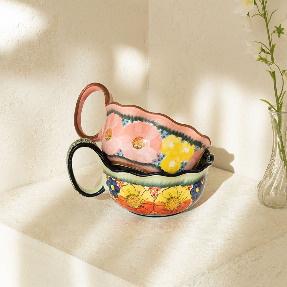 실레시아 도자기 손잡이 라면기 면기 전자레인지 용기 그릇 국수 접시 세트 2P