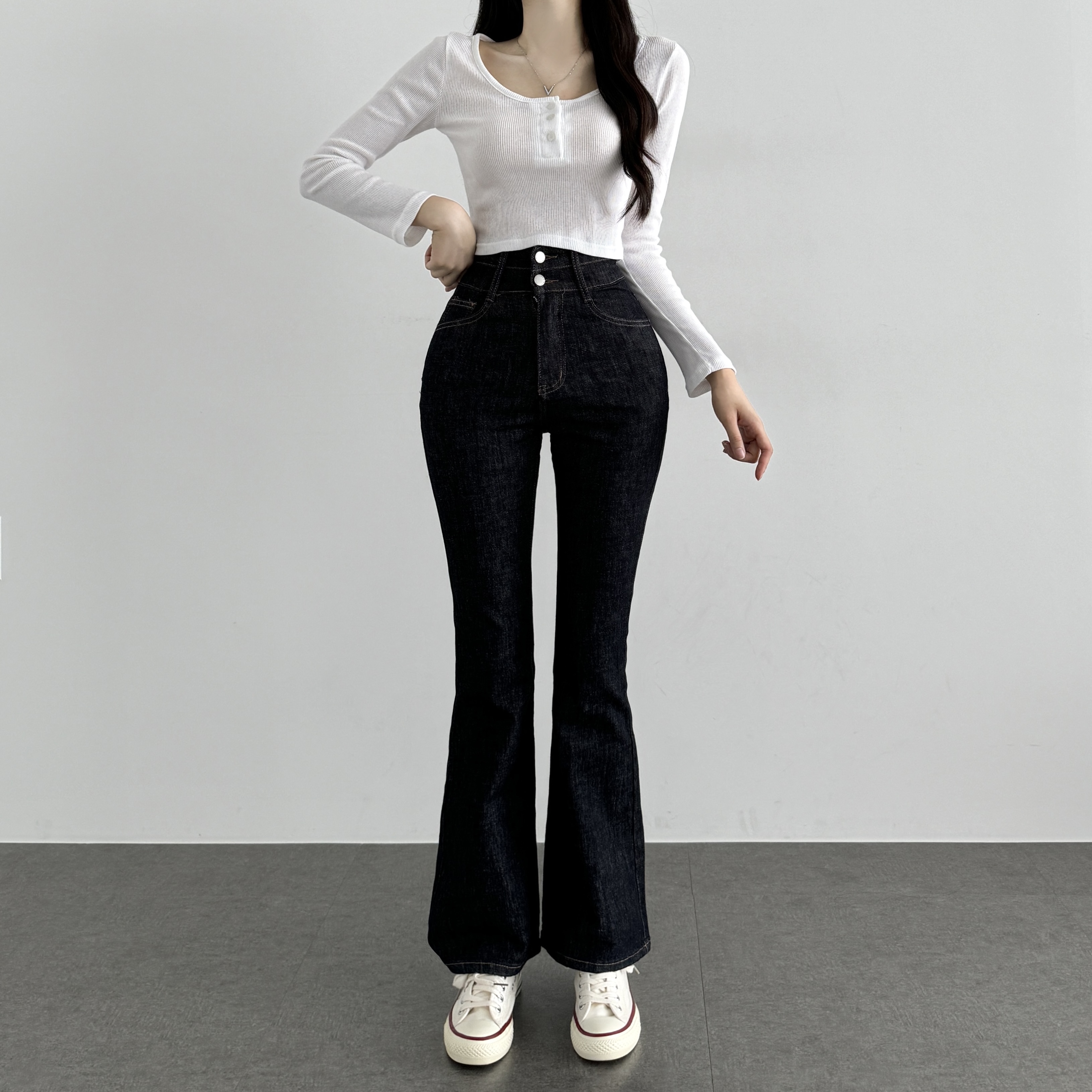 키작녀 부츠컷 청바지 생지데님 여성 골반뽕 세미와이드 청바지 논페이드데님 이미지 7