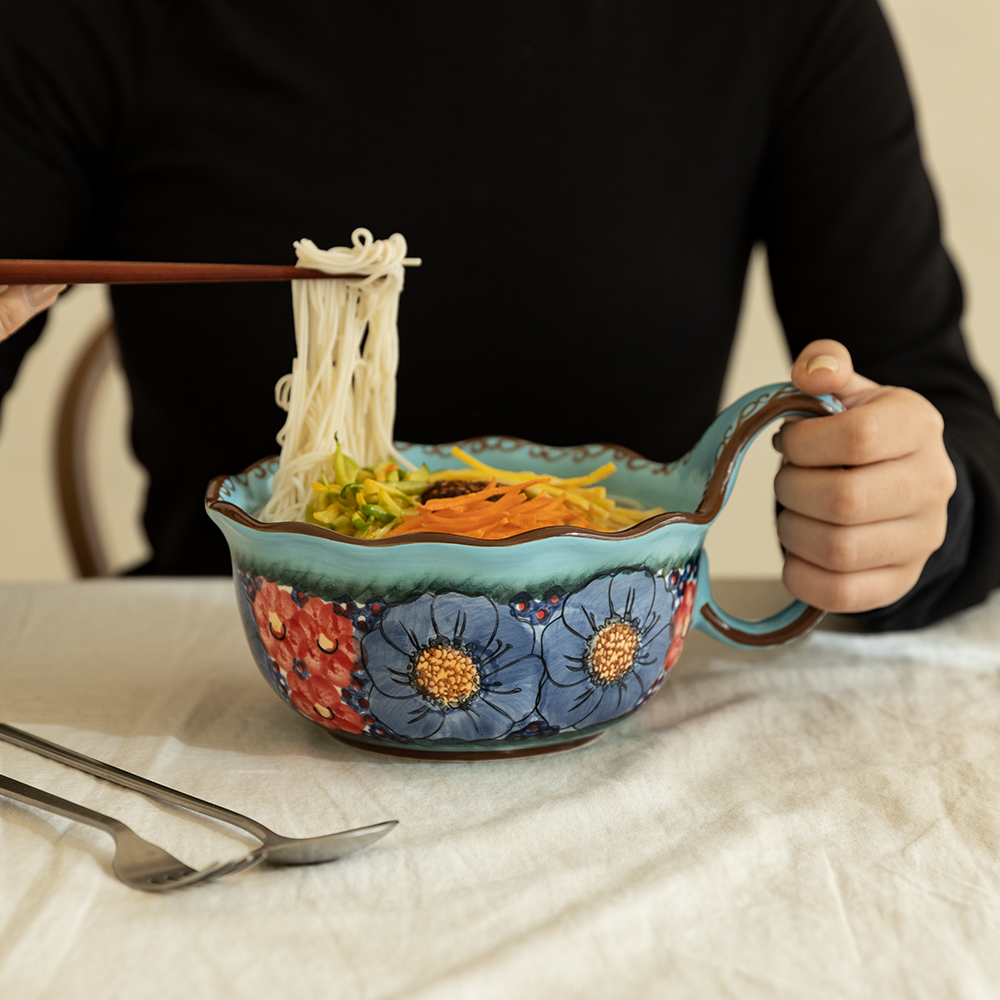 실레시아 고급 손잡이 도자기 면기 접시 한손 핸들 라면기 국 그릇 업소용 전자렌지 용기