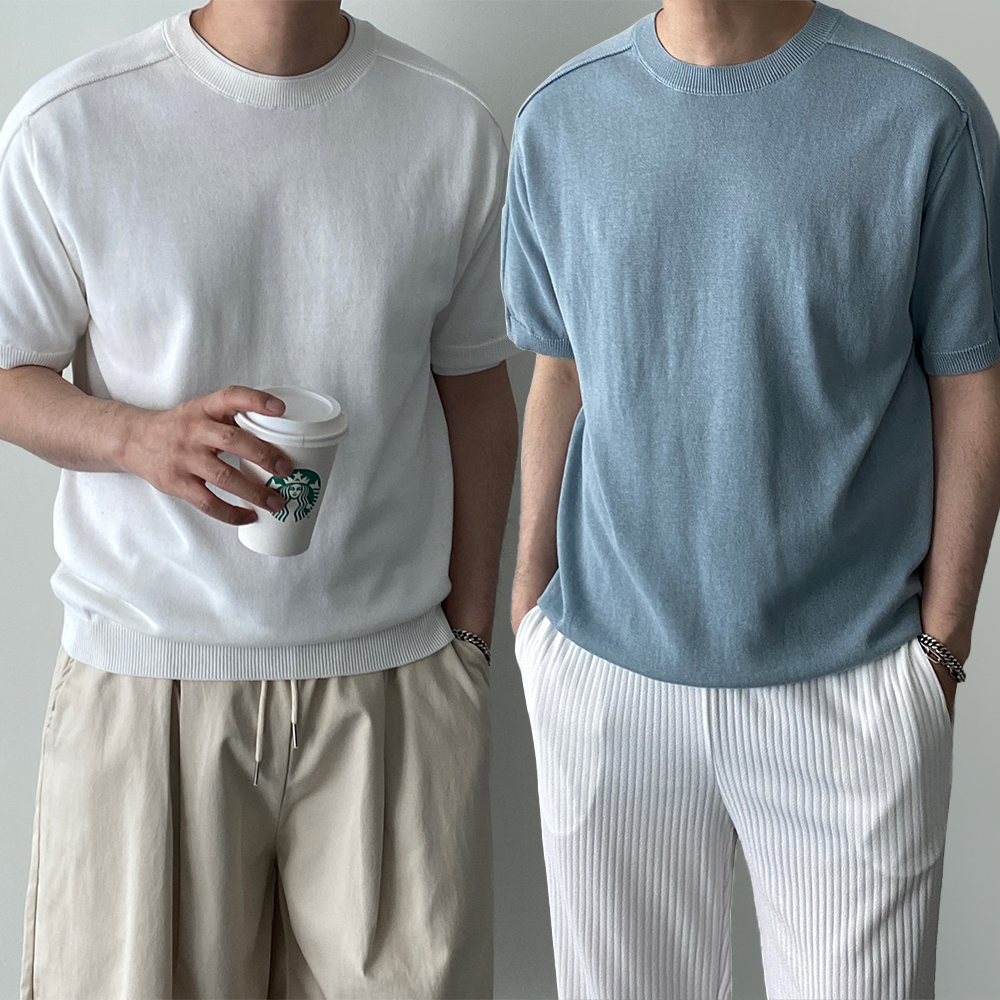 남자얇은니트 반팔 라운드 남자여름니트 - 메인 이미지