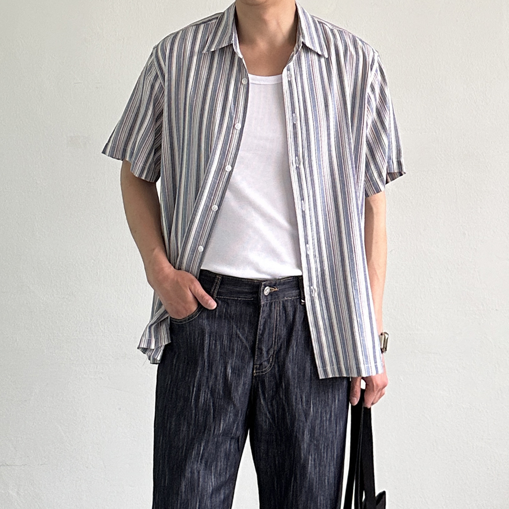 남자 린넨셔츠 오버핏 여름 스트라이프 남방 남자 반팔 셔츠