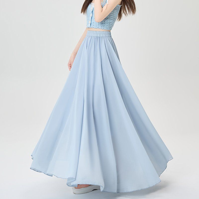 봄 여름 플리츠 롱스커트 A라인 하이웨이스트 허리밴딩 쉬폰 루즈핏 데일리룩 출근룩 - 상세 이미지 4