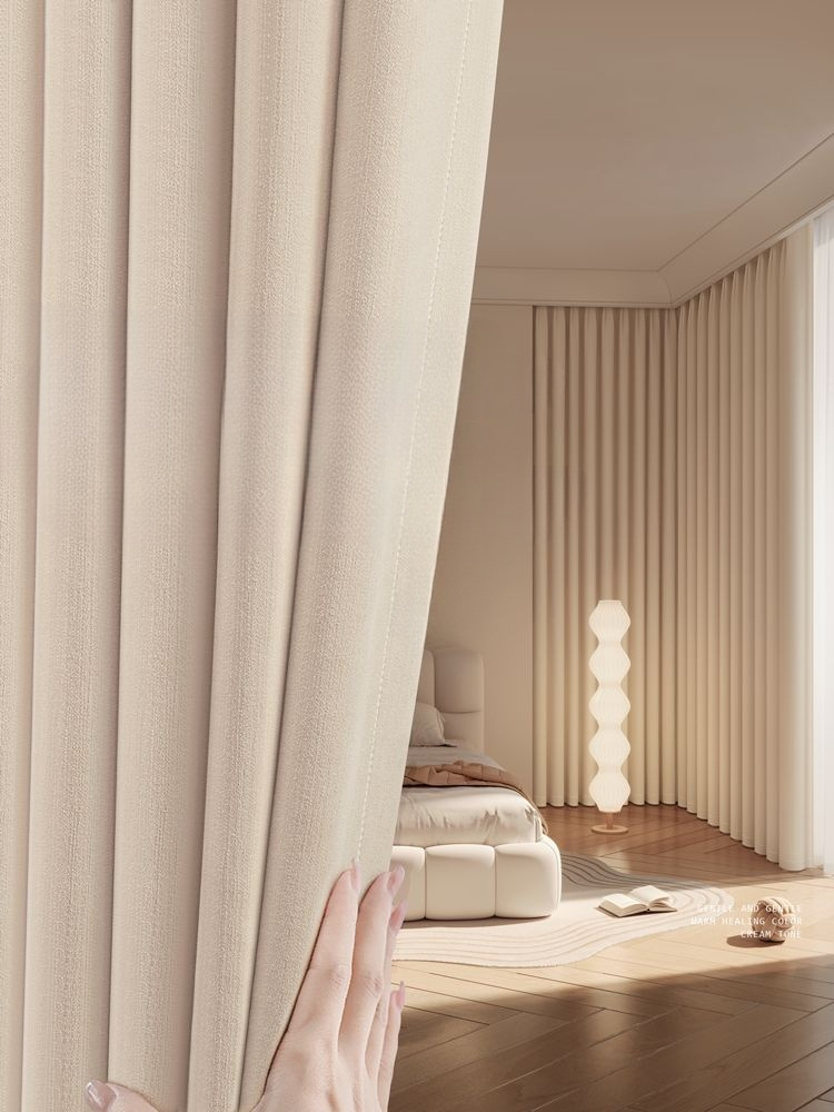 완전 차광 셰닐 거실 2025 암막커튼 거실용 방풍커튼 블랙아웃 두꺼운 카라멜 크림색-걸이