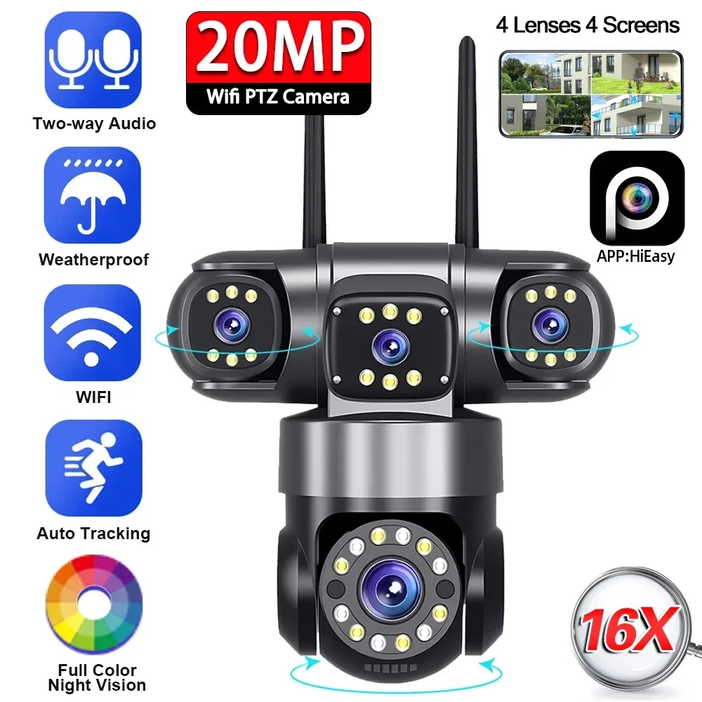 4개 4스크린 20MP IP 양방향 360도 자동 추적 PTZ CCTV 컬러 비전 카메라 미국 플러그 : 리모주마켓
