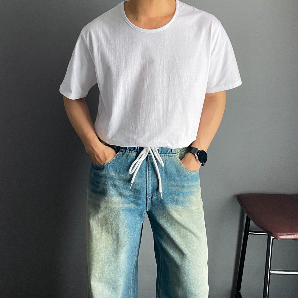 남자 U넥 유넥 반팔 무지 티 티셔츠 흰티 흰색면티 - 상세 이미지 4