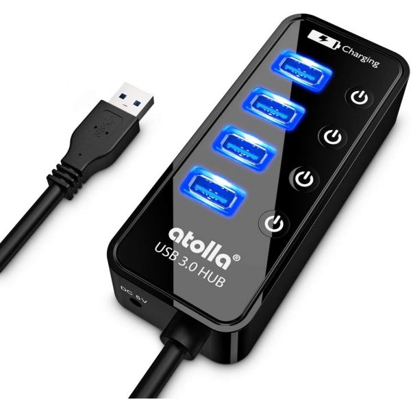 USB 허브 젠더 맥북 멀티 3.0 atolla 4포트 슈퍼스피드 3 스플리터 온오프 스위치 포함 충전 포트 1개 케이블 길이 2피트 AC 어댑터 없음... 