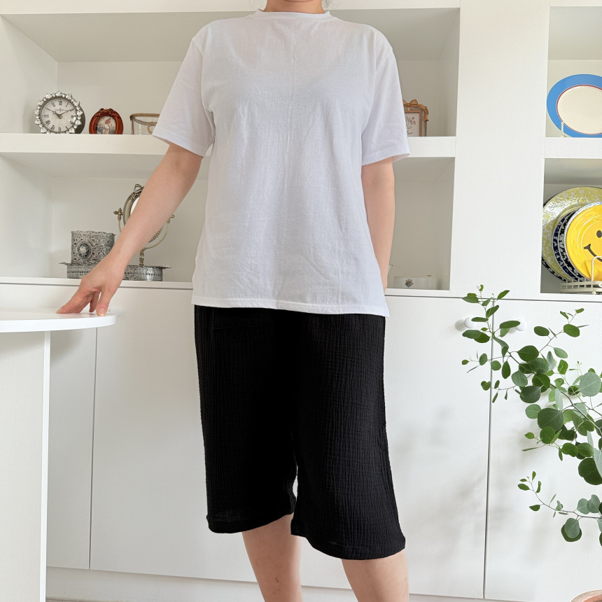 국산 면100잠옷 요루면 순면파자마바지 거즈면 블랙 7부 잠옷바지