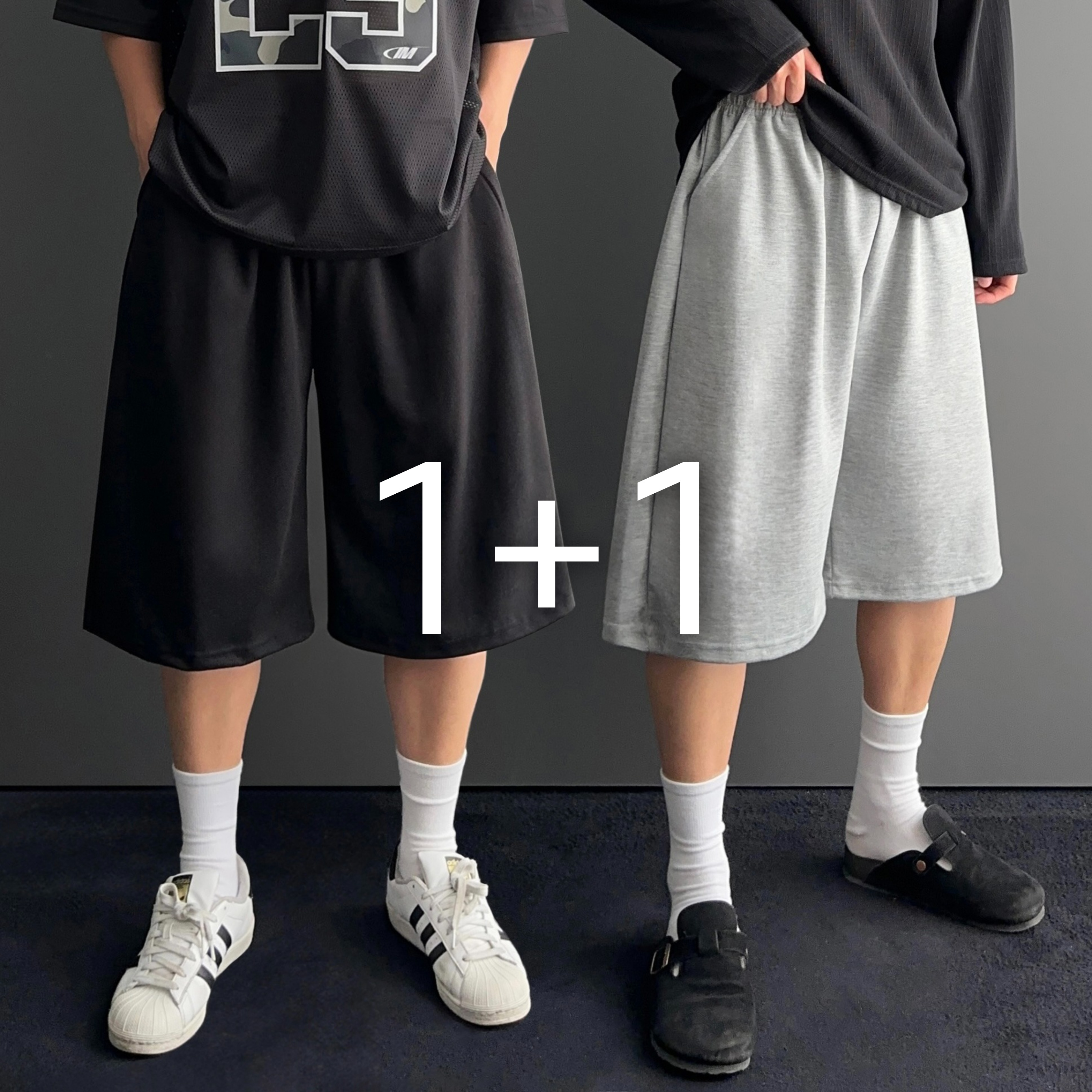 1+1 남자7부반바지 남자버뮤다팬츠 회색반바지 - 상품 이미지