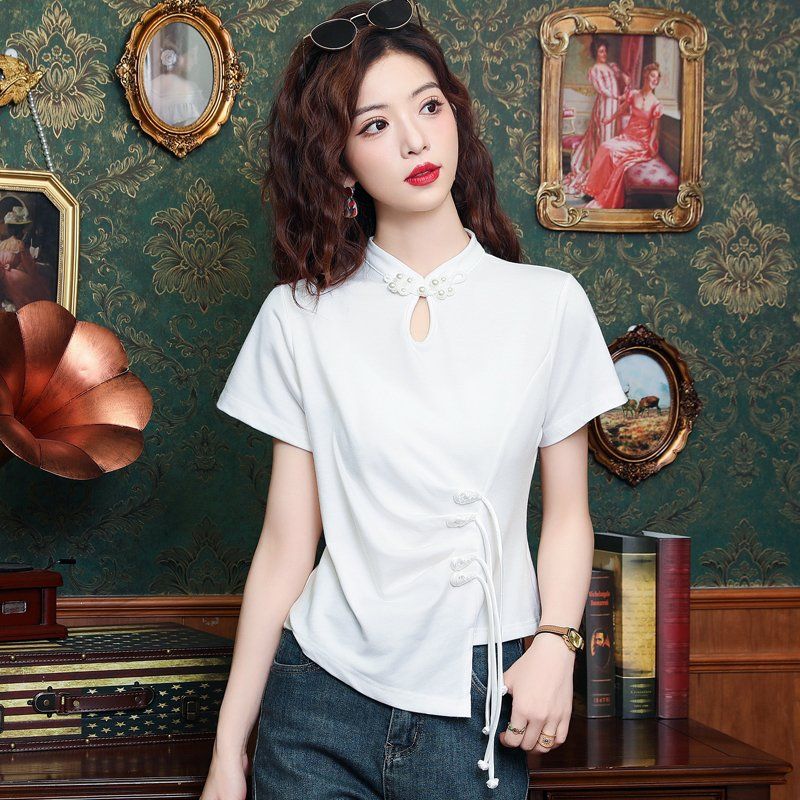 봄 여름 차이나카라 매듭단추 반팔티셔츠 슬림핏 사이드셔링 스트랩 여성 데일리룩 화이트 - 상품 이미지