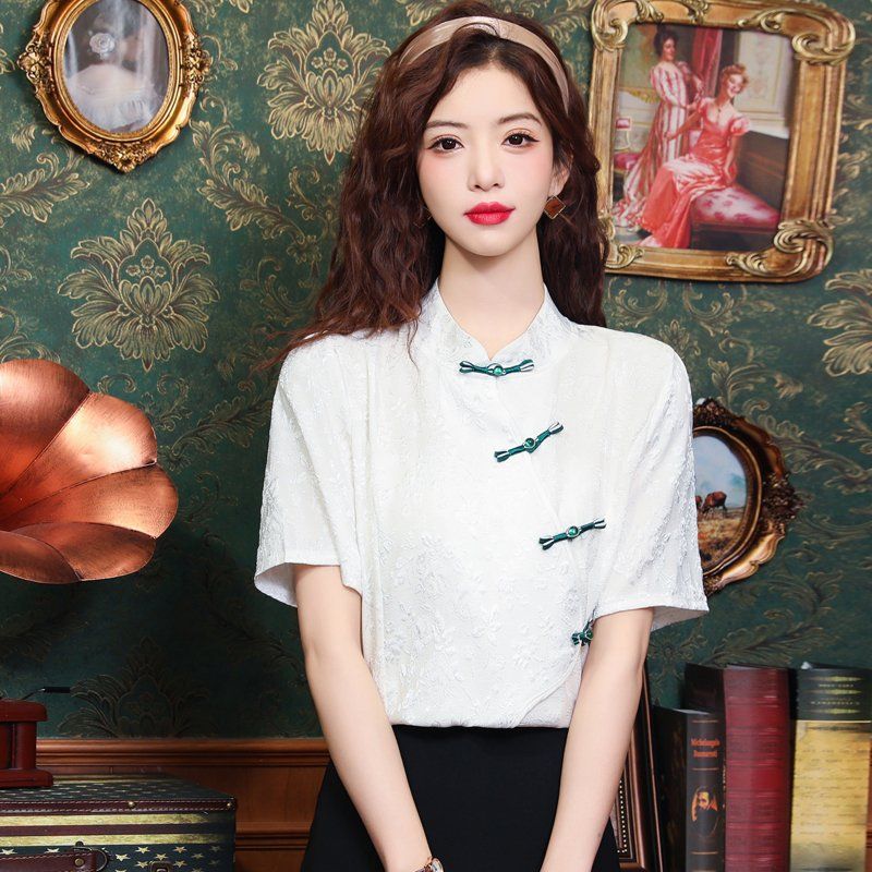 봄 여름 차이나카라 자수 반팔 블라우스 매듭단추 레트로 정장룩 오피스룩 데일리룩 화이트 - 상세 이미지 5