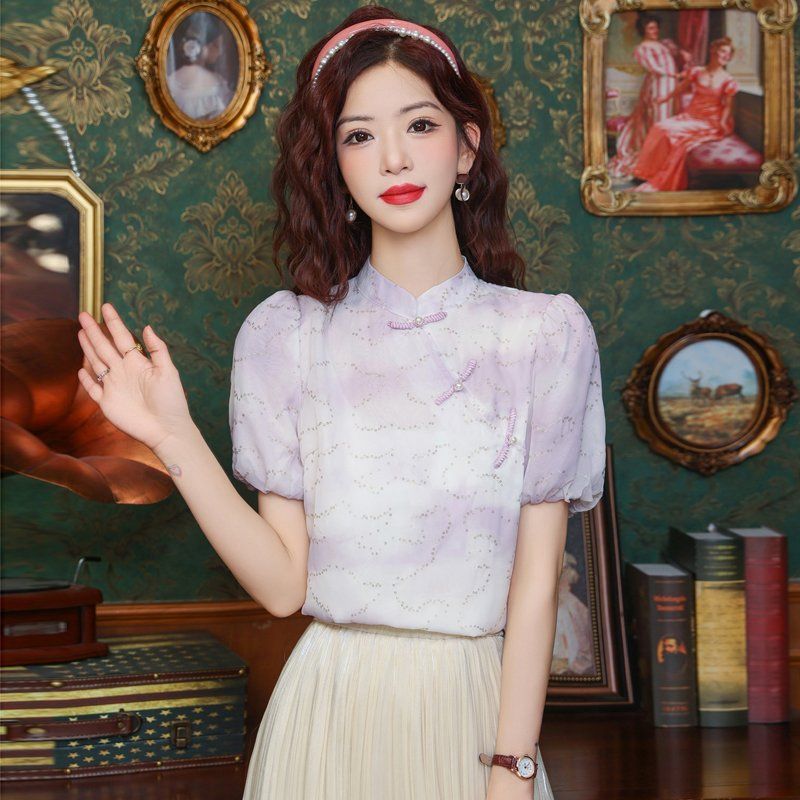 봄 여름 여성 스트레이트핏 매듭단추 퍼프소매 반짝이 블라우스 빅사이즈 라벤더마블 - 상세 이미지 2