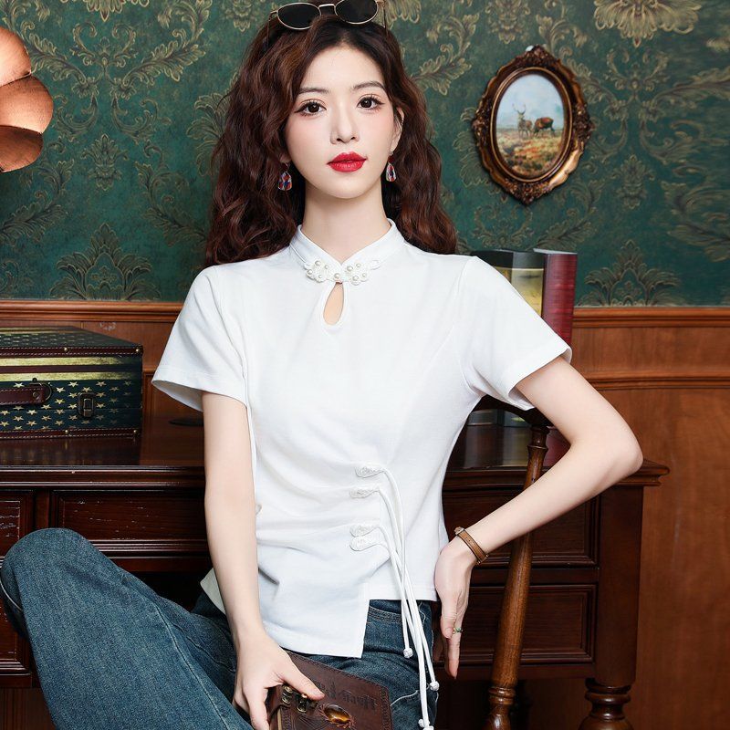 봄 여름 차이나카라 매듭단추 반팔티셔츠 슬림핏 사이드셔링 스트랩 여성 데일리룩 화이트 - 상세 이미지 4