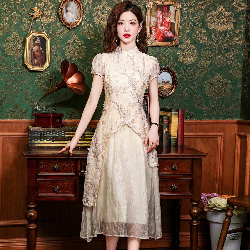 봄 여름 여성 신중국풍 플라워 매듭단추 스탠드칼라 롱원피스 베이지플라워 - 상품 이미지