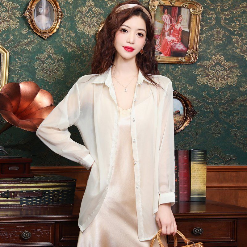 봄 여름 여성 루즈핏 시스루 뒷면매듭단추 언발란스 데일리 긴팔셔츠 아이보리 - 상세 이미지 5