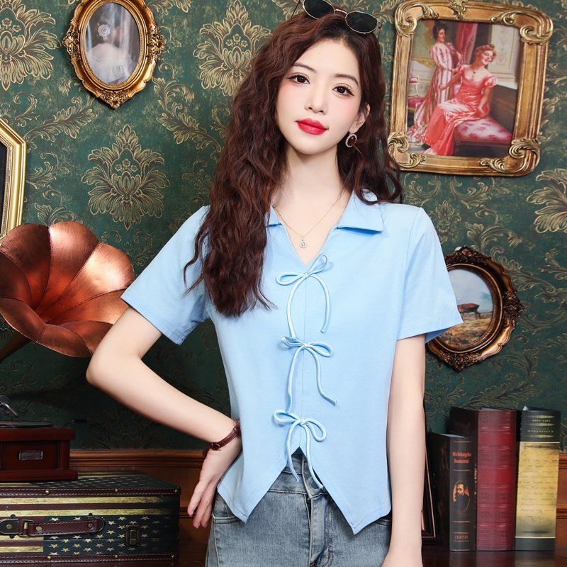 봄 여름 폴로카라 리본 반팔 블라우스 스트랩 스트레이트핏 여성 데일리룩 출근룩 스카이블루 - 상세 이미지 3