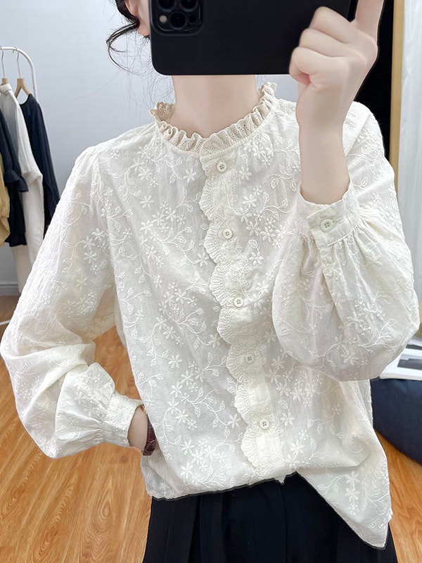 레이스카라 꽃무늬패턴 긴팔셔츠 프릴 블라우스 유니크 디자인 봄 여름 루즈핏 베이지아이보리 - 상세 이미지 4