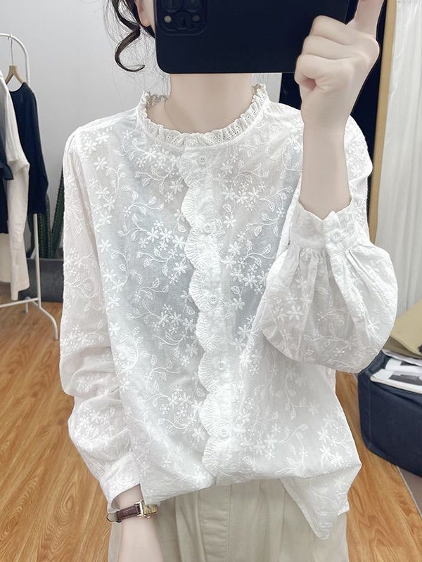 레이스카라 꽃무늬패턴 긴팔셔츠 프릴 블라우스 유니크 디자인 봄 여름 루즈핏 베이지아이보리 - 상세 이미지 5
