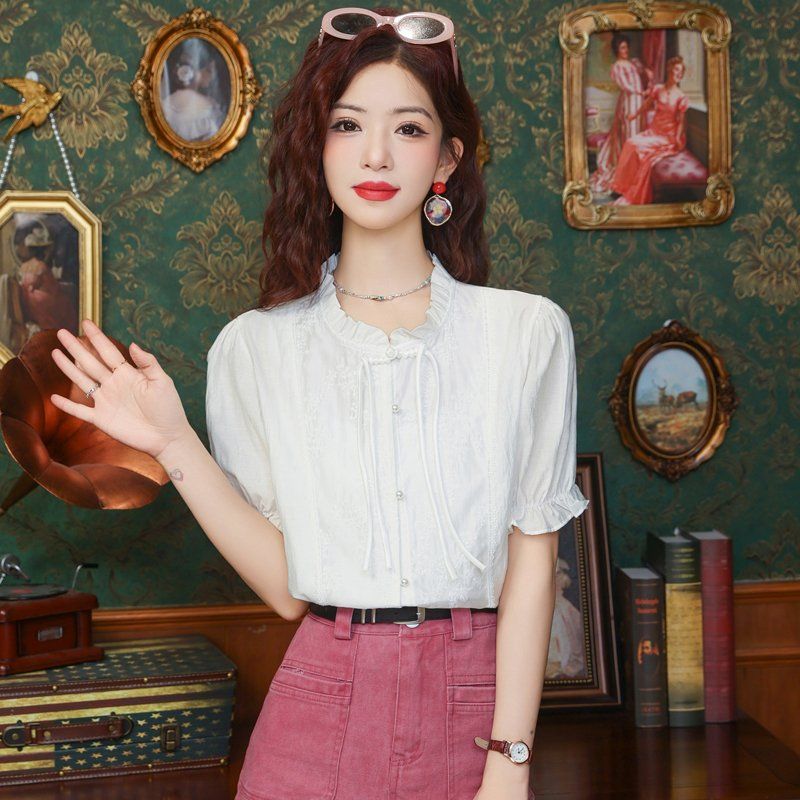 봄 여름 프릴넥 자수 반팔 블라우스 스트랩 스트레이트핏 여성 데일리룩 오피스룩 화이트 - 상세 이미지 4