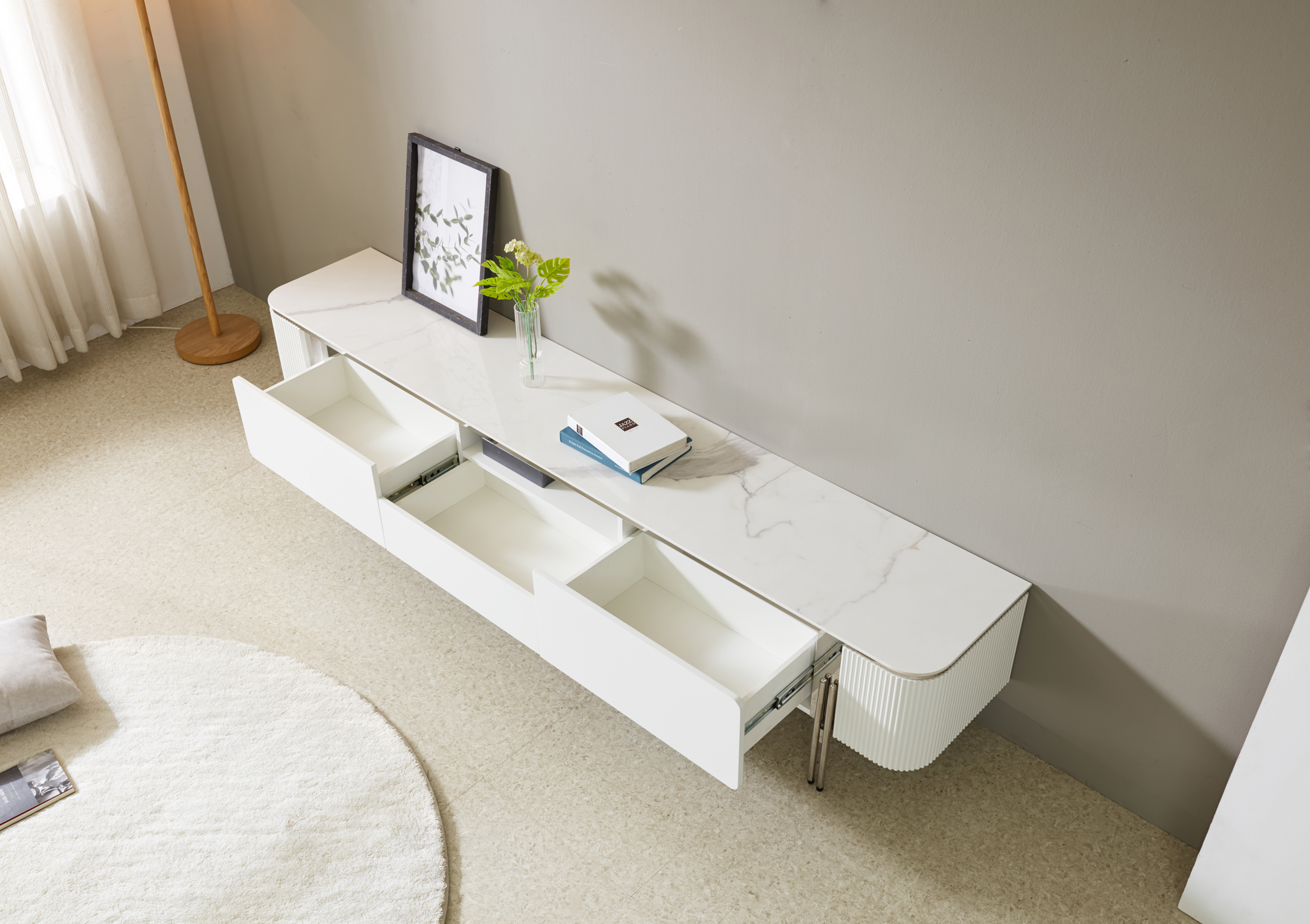 페라모 리고 2200 사이즈 실버 템바보드 세라믹 거실장 티비다이 TV 수납장