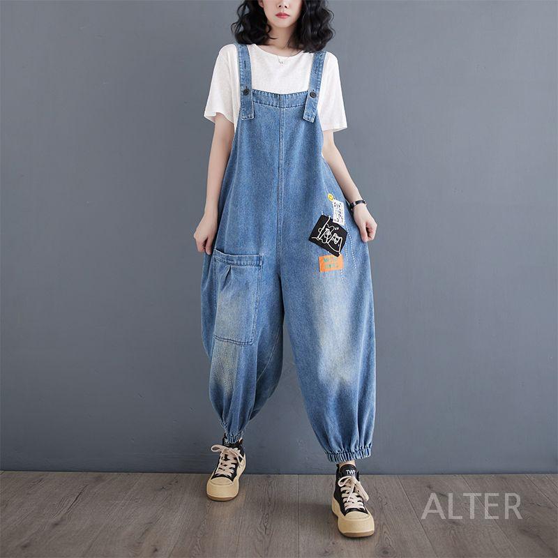 빅사이즈 멜빵바지 빈티지 카고 블루 데님 점프슈트 청색 M 47.5-57.5kg - 상세 이미지 3