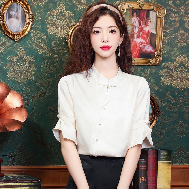봄 여름 차이나카라 퍼프소매 블라우스 매듭단추 자카드 정장룩 오피스룩 데일리룩 아이보리 - 상세 이미지 3
