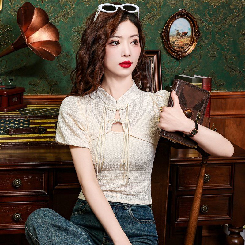 봄 여름 차이나카라 퍼프소매 반팔티 볼레로레이어드 매듭단추 태슬 슬림핏 아이보리 - 상세 이미지 4