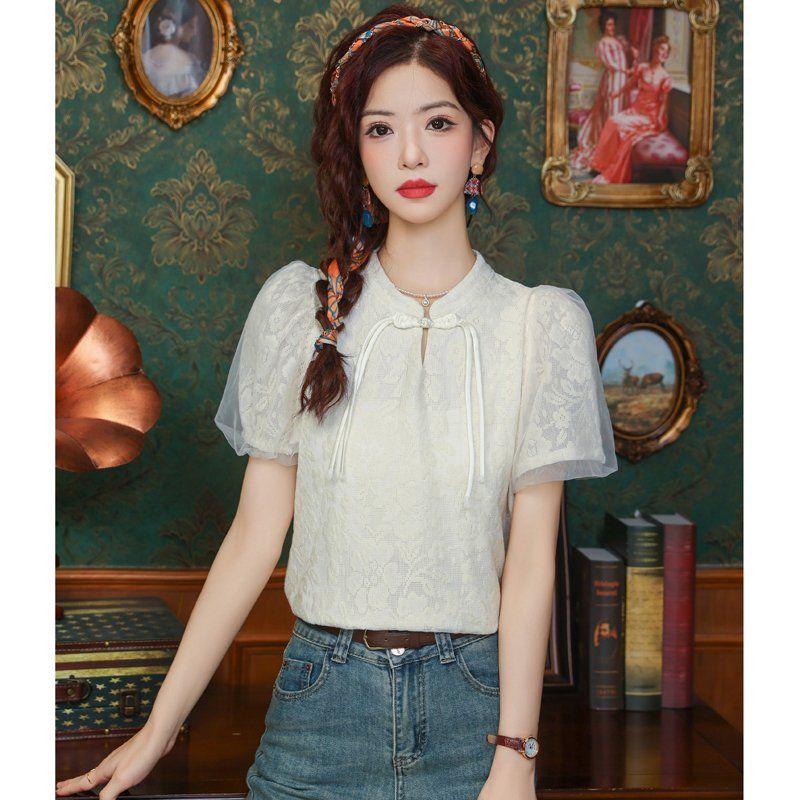 봄 여름 차이나카라 레이스 반팔 블라우스 퍼프 시스루소매 매듭단추 슬림핏 아이보리 - 상세 이미지 3