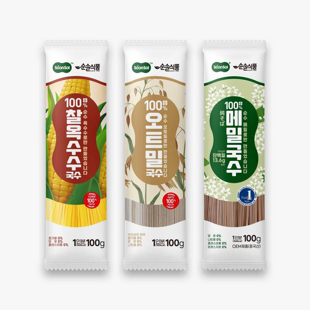 순솔 100% 메밀국수 오트밀국수 찰옥수수국수 (100g x 5봉) 막국수면 소바 온면 파스타 고단백질면 제로슈가 제로당 제로콜레스테롤 저칼로리 - 상품 이미지