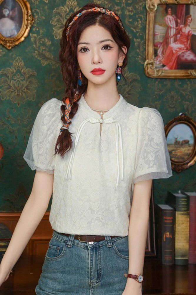 봄 여름 차이나카라 레이스 반팔 블라우스 퍼프 시스루소매 매듭단추 슬림핏 아이보리 - 상세 이미지 5
